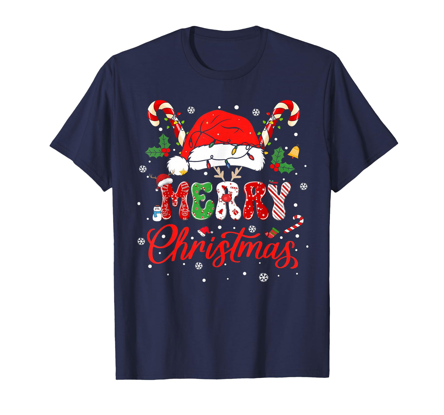 Merry Christmas Lights Red Santa Hat Xmas Family Men Women T-Shirt