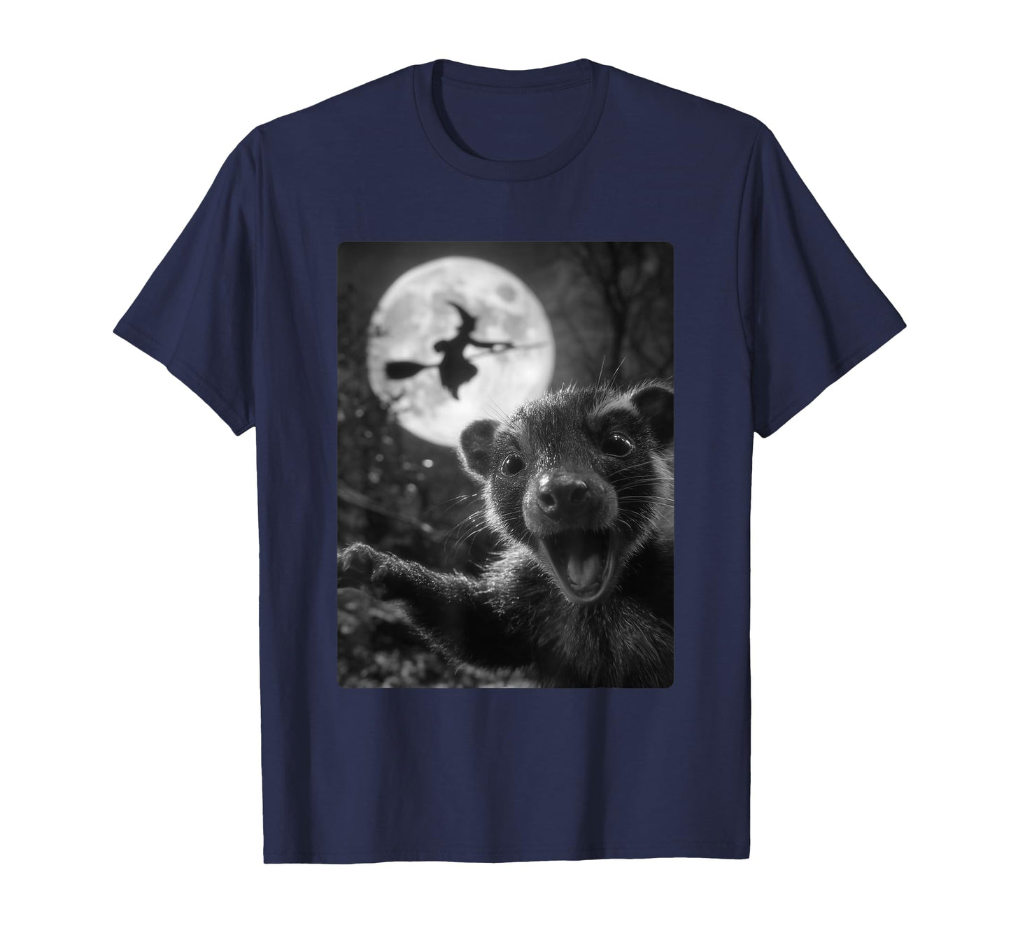 Funny Skunk Selfie Full Moon Flying Witch Forest Halloween T-Shirt
