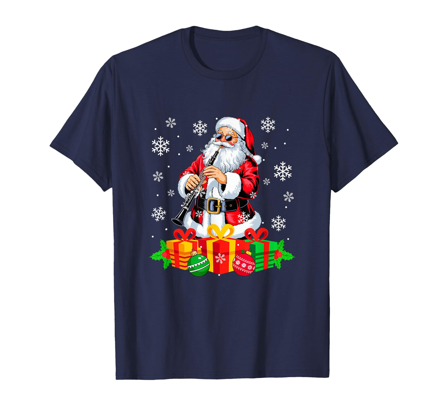 Santa Playing Oboe Instrument Colorful Christmas Boxes T-Shirt