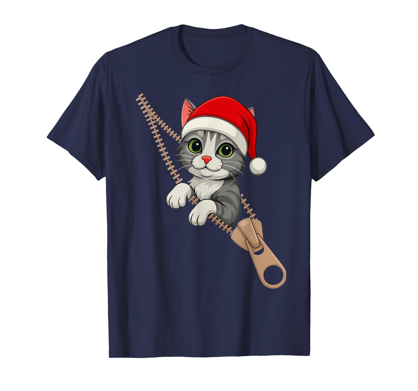 Cute Christmas Cat Santa Hat Zipper Peeking Kitten Men Women T-Shirt