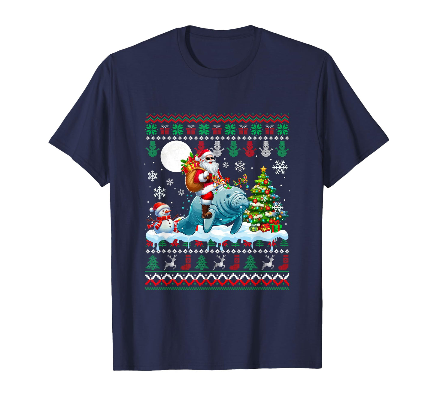 Santa Riding Reindeer Manatee Sweater Xmas Tree Snowman T-Shirt