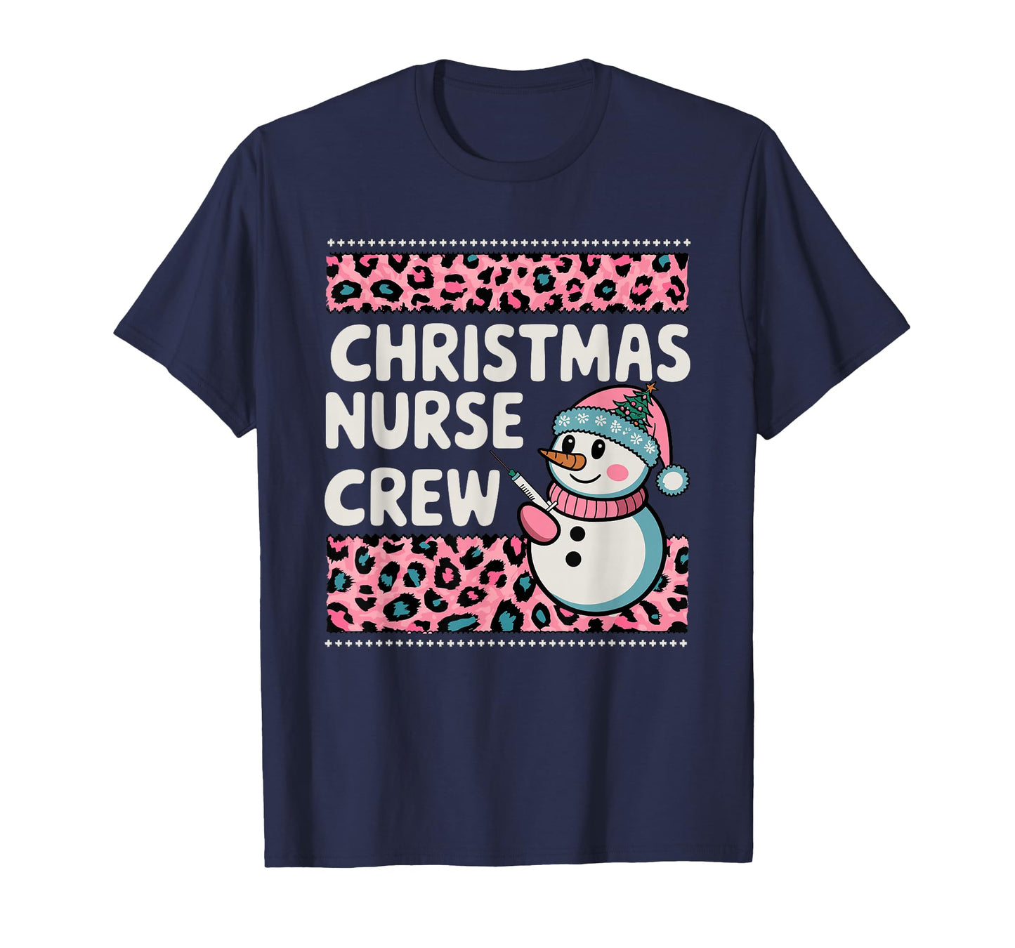 Nurse Christmas Crew Snowman Pink Leopard Print T-Shirt