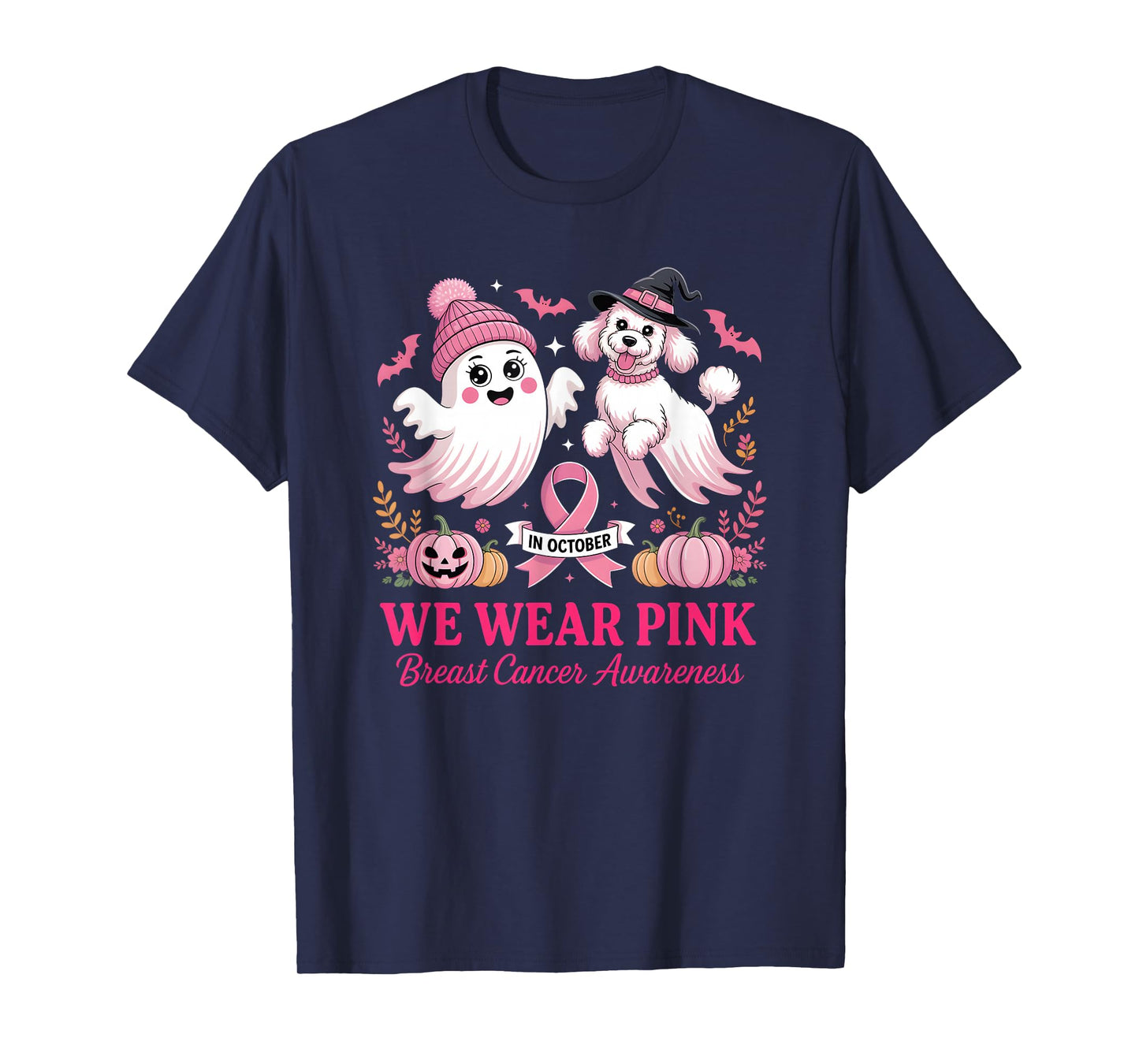 in October We Wear Pink Ghost Poodle Breast Cancer Awareness T-Shirt