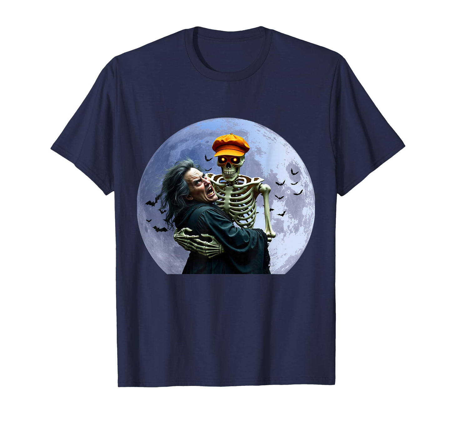 Halloween Skeleton Holding A Witch Under The Full Moon T-Shirt