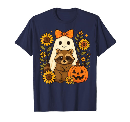 Vintage Halloween Ghost Holding Raccoon Groovy Floral Fall T-Shirt