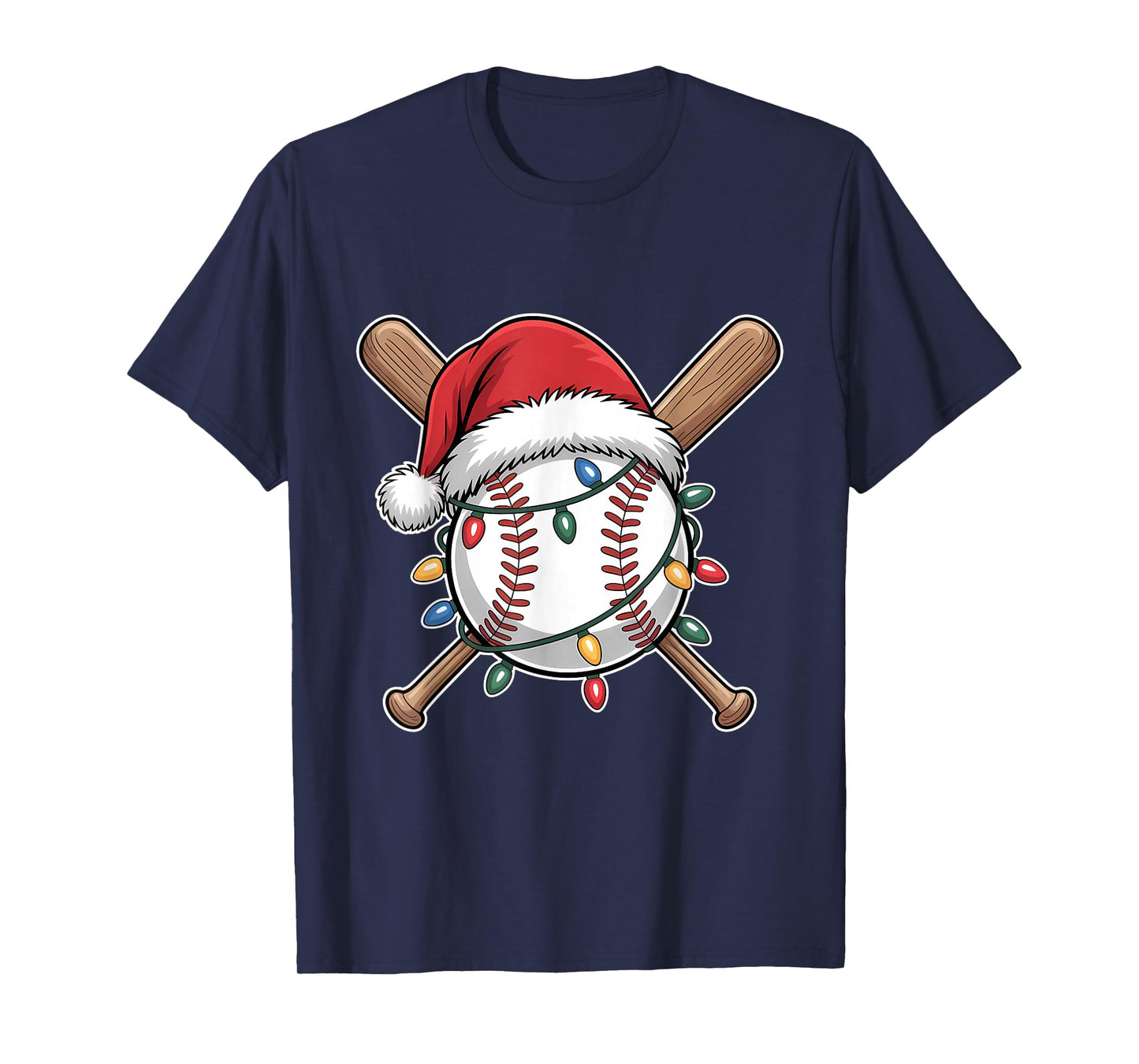 Funny Christmas Baseball Santa Hat Xmas Lights Holiday T-Shirt