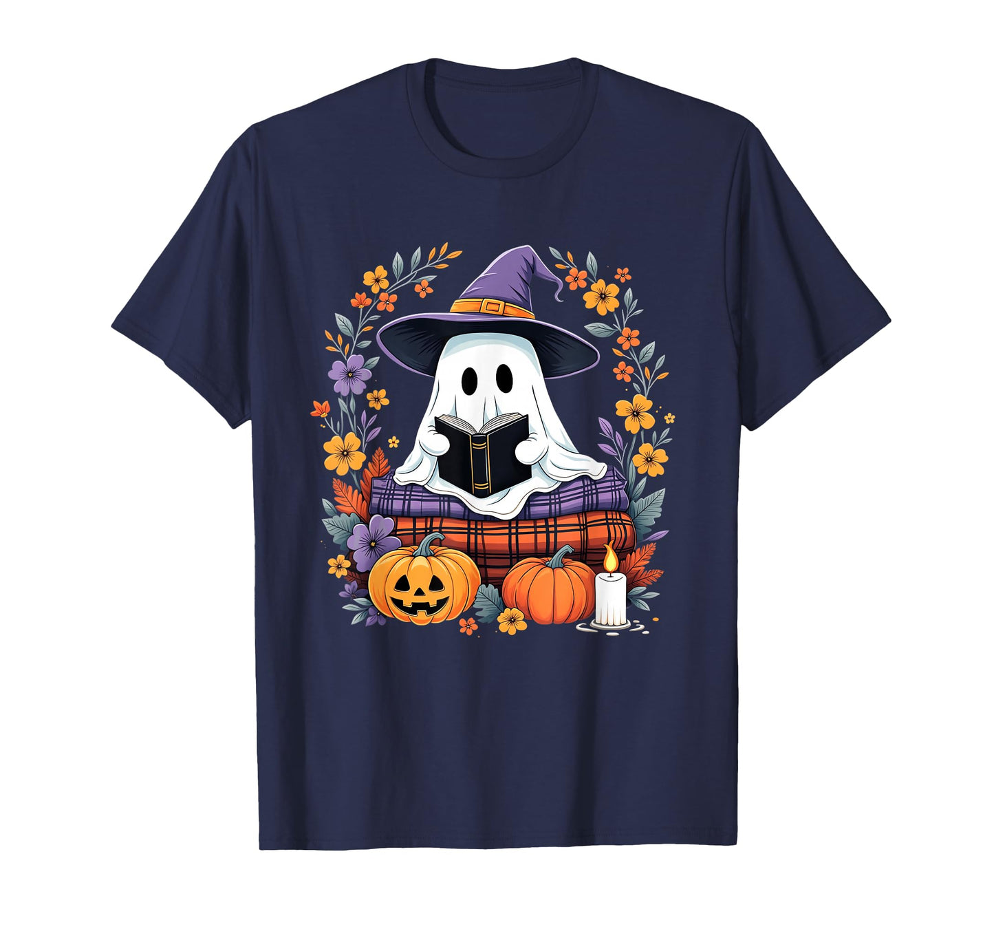 Halloween Ghost Witch Hat Reading Pumpkins Flowers Candle T-Shirt