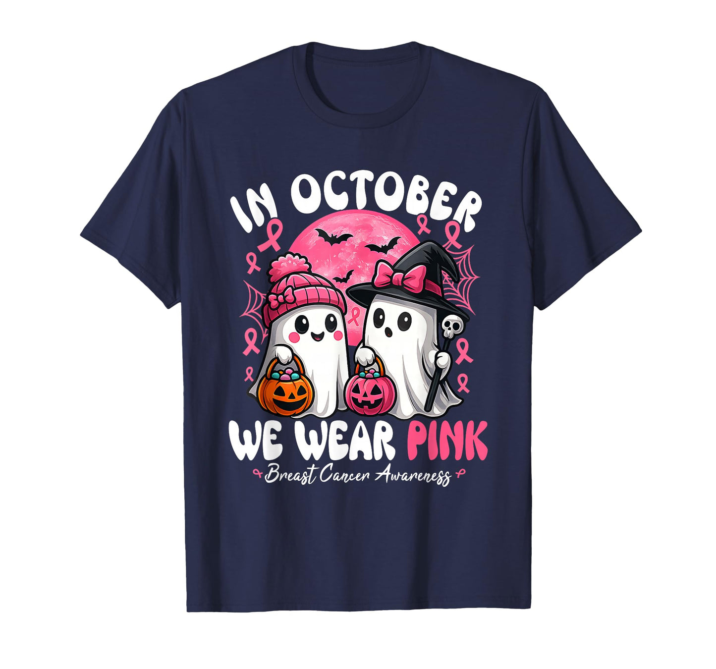 in October We Wear Pink Ghost Witch Breast Cancer Awareness T-Shirt