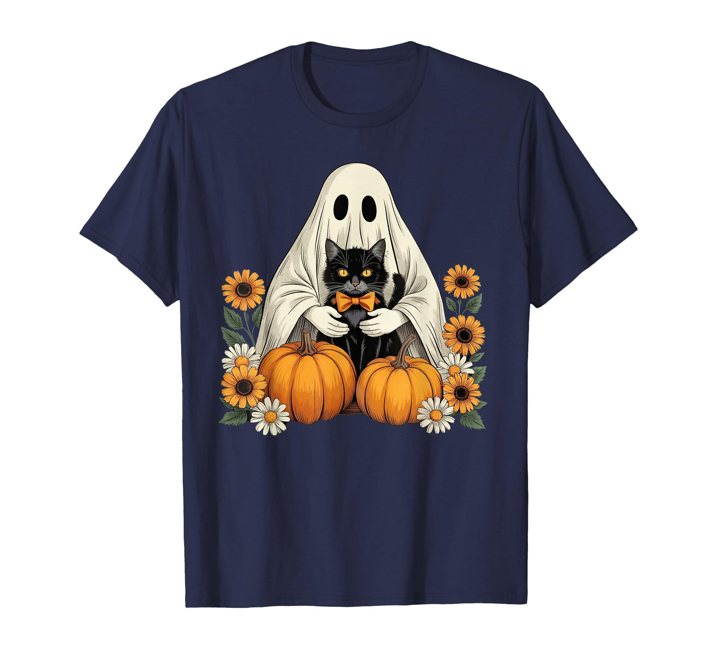 Womens Halloween Ghost Black Cat Ghost Halloween Girls T-Shirt