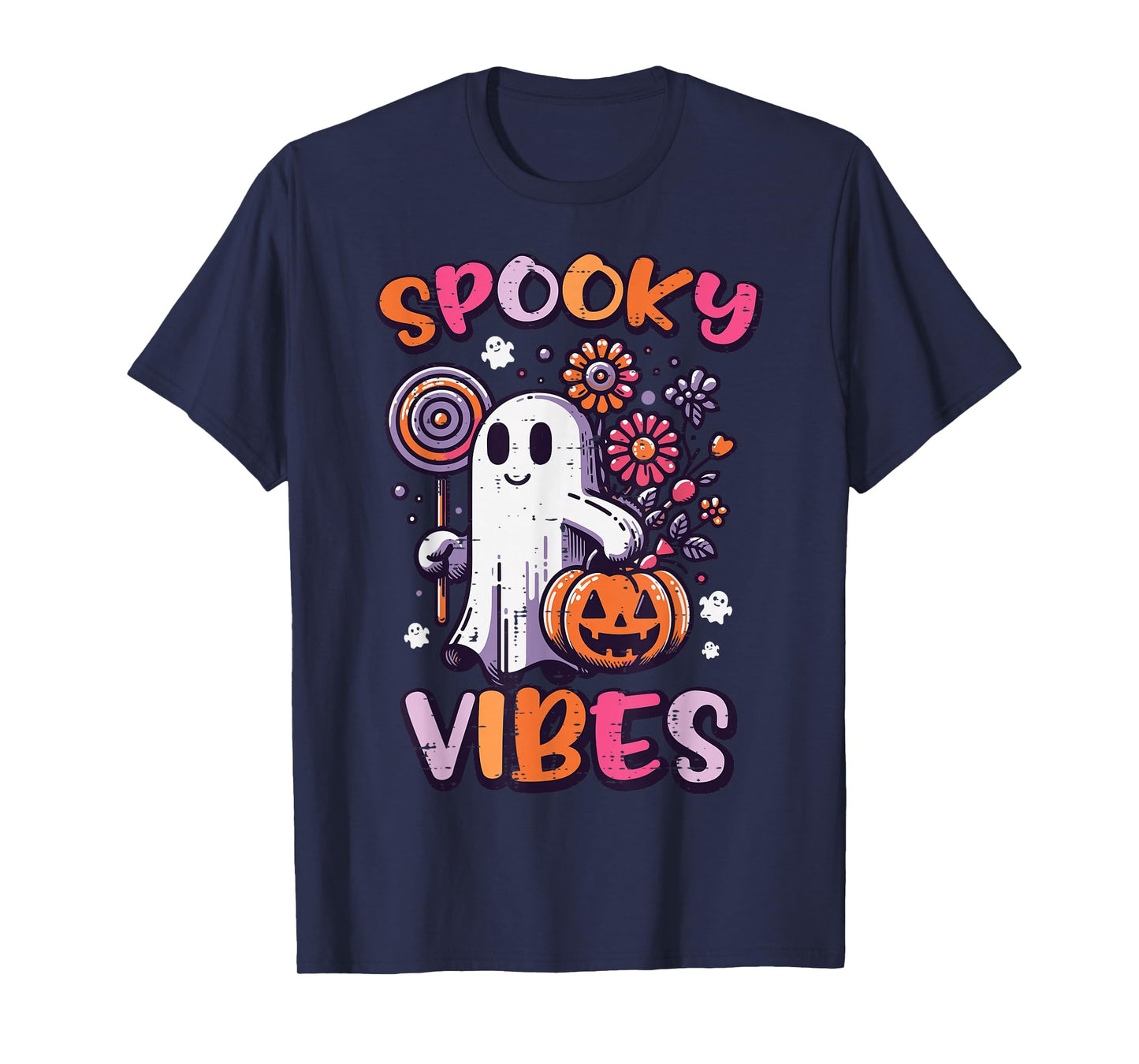 Halloween Ghost Spooky Vibes Retro Costume Girls Kids Women T-Shirt