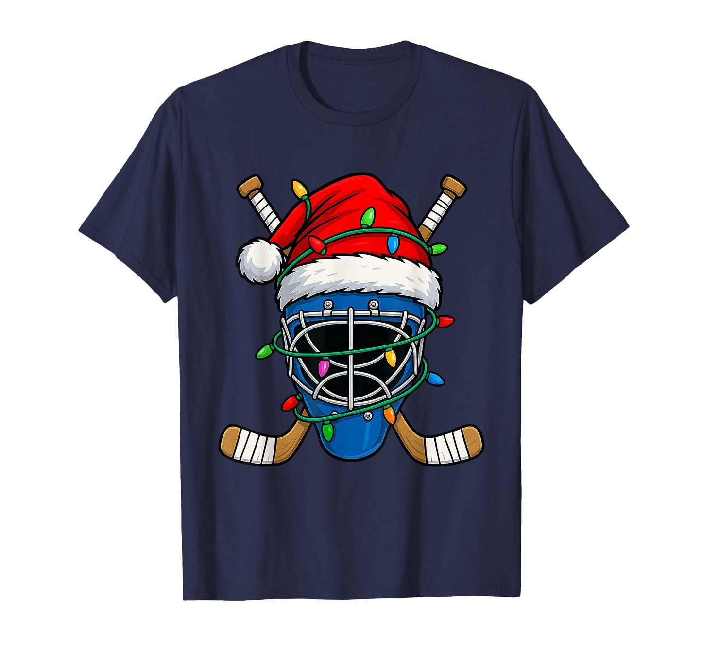 Christmas Hockey Santa Hat Lights Colorful Funny Player T-Shirt