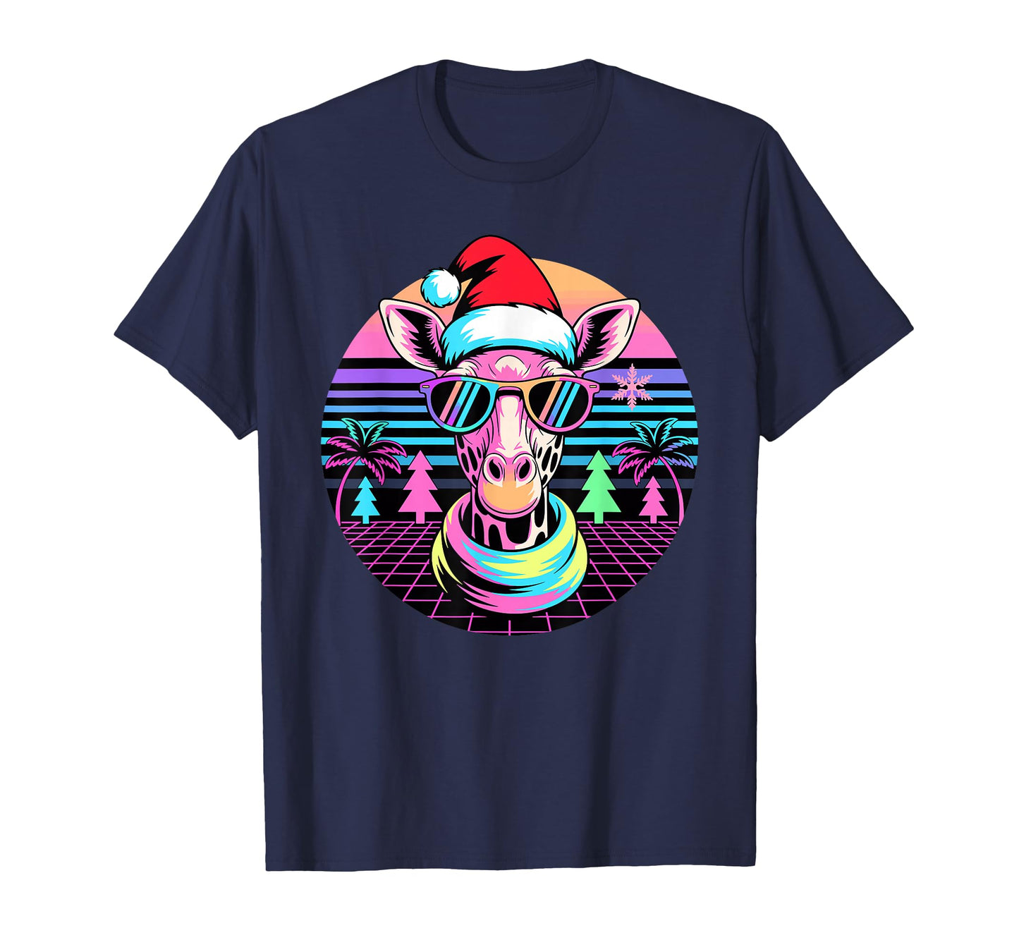 Christmas Synthwave Giraffe Sunglasses Giraffes T-Shirt