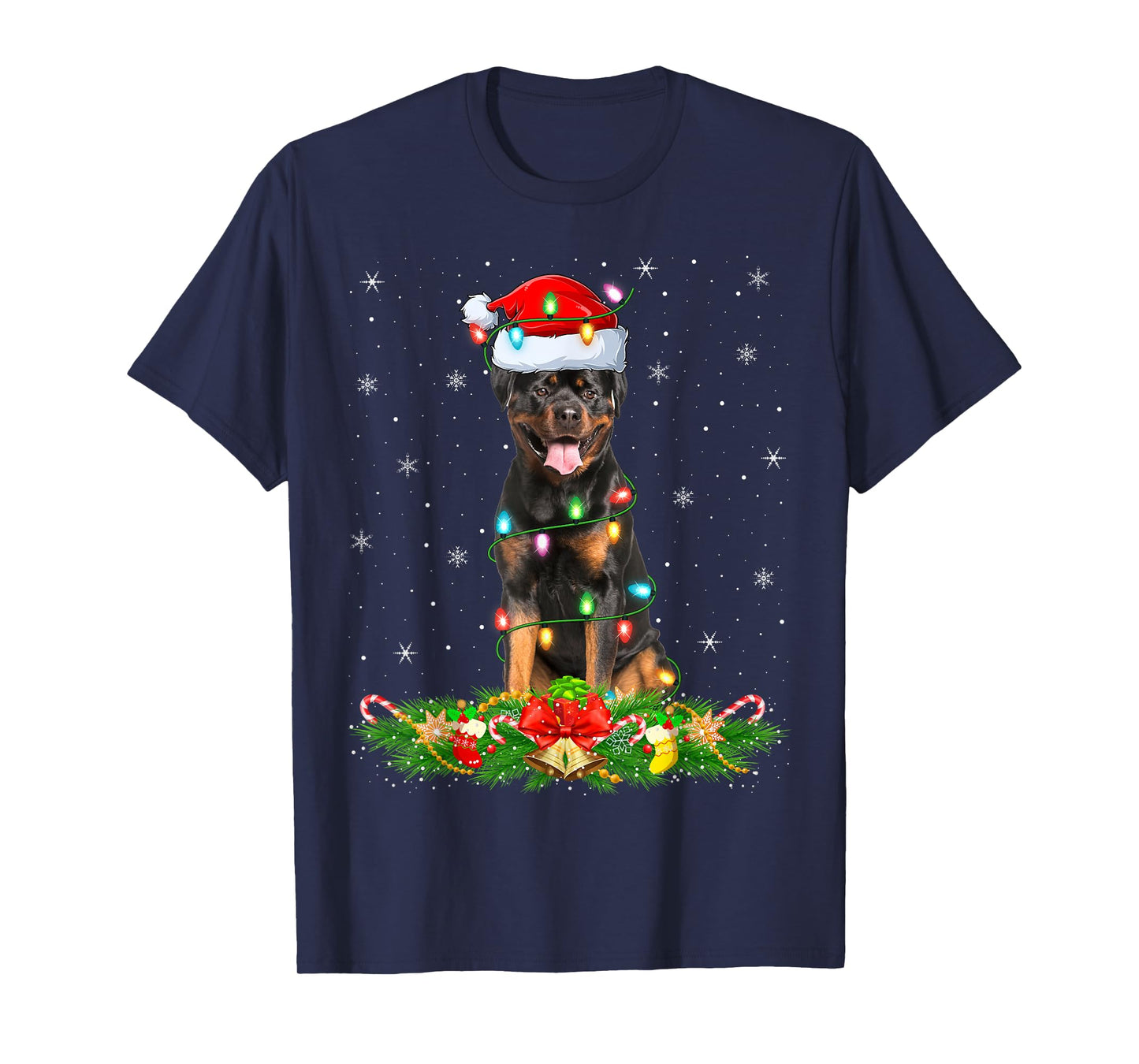 Rottweiler Dog Christmas Lights Funny Santa Hat Xmas T-Shirt