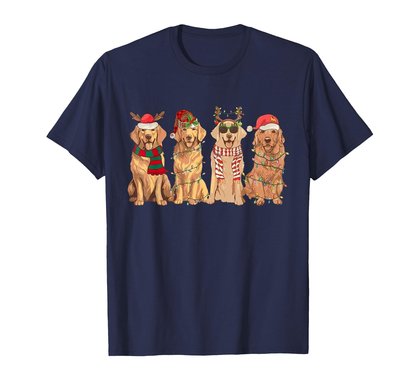Funny Vintage Santa Golden Retriever Dogs Christmas Lights T-Shirt