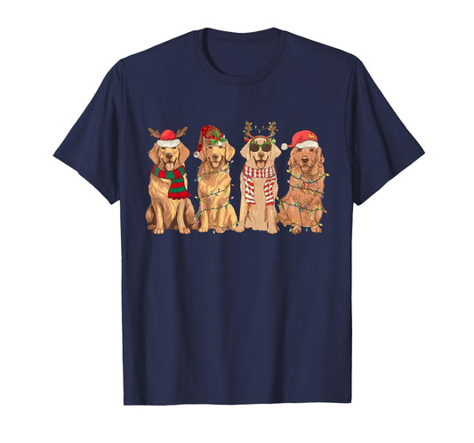Funny Vintage Santa Golden Retriever Dogs Christmas Lights T-Shirt