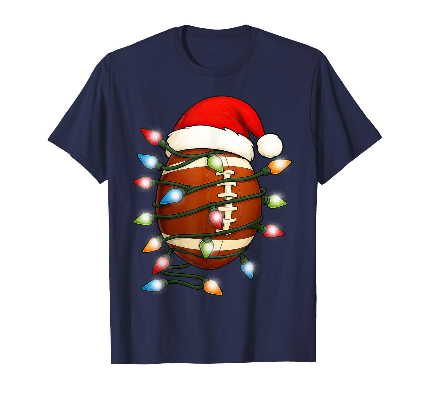 Christmas Football Ball Xmas Lights Santa Hat Men Boys Kids T-Shirt