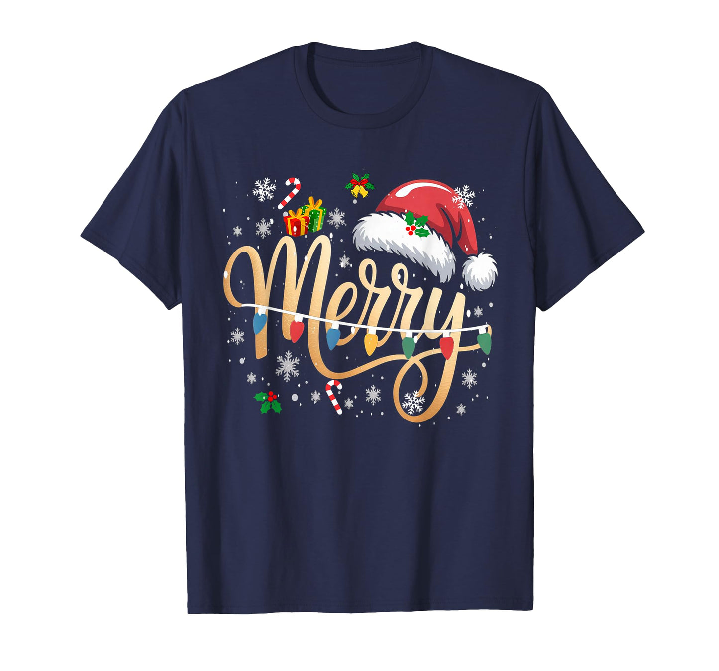 Merry Christmas Lights Red Santa Hat Xmas Men Women Kid T-Shirt