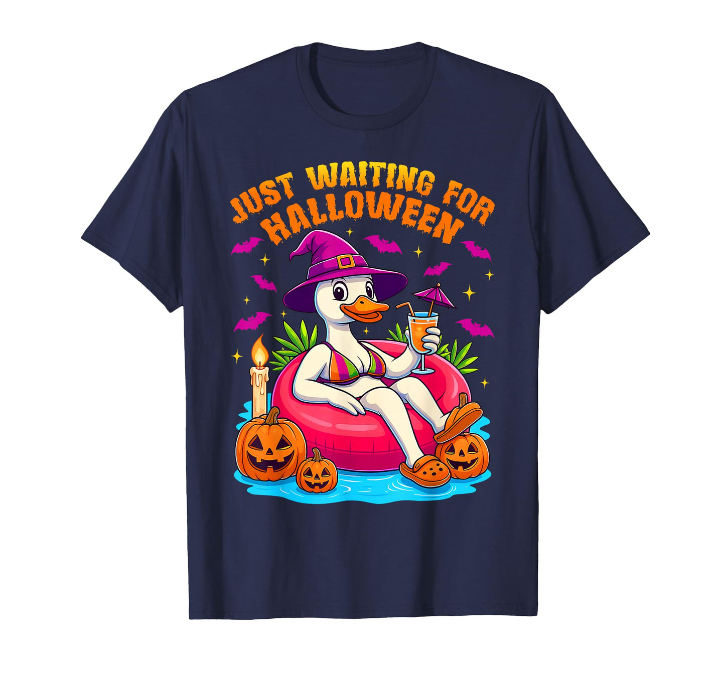 Funny Just Waiting for Halloween Goose & Wicth Hat On Float T-Shirt