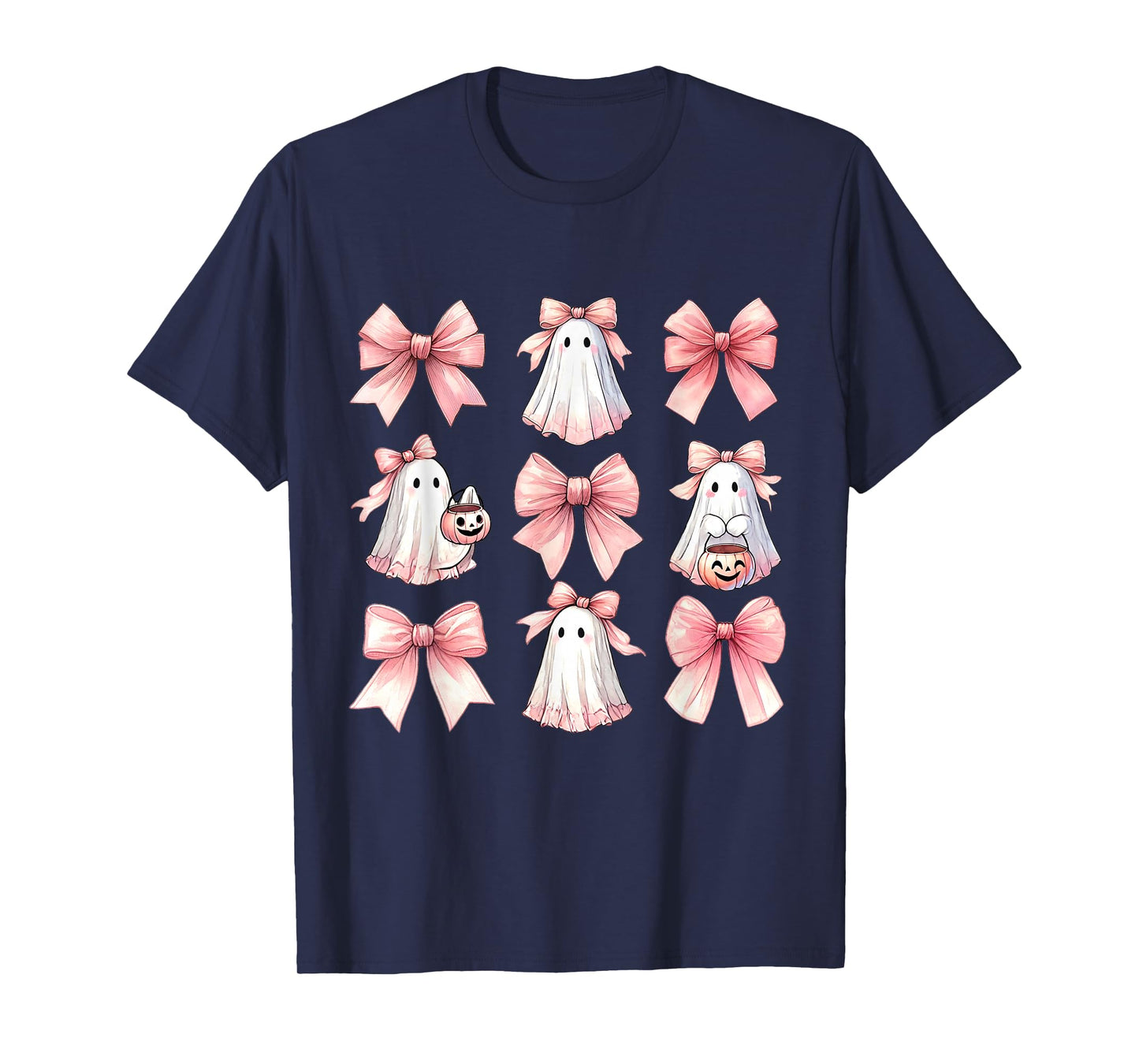 Cute Ghost Florals Pink Coquette Bows Pumpkins Halloween T-Shirt