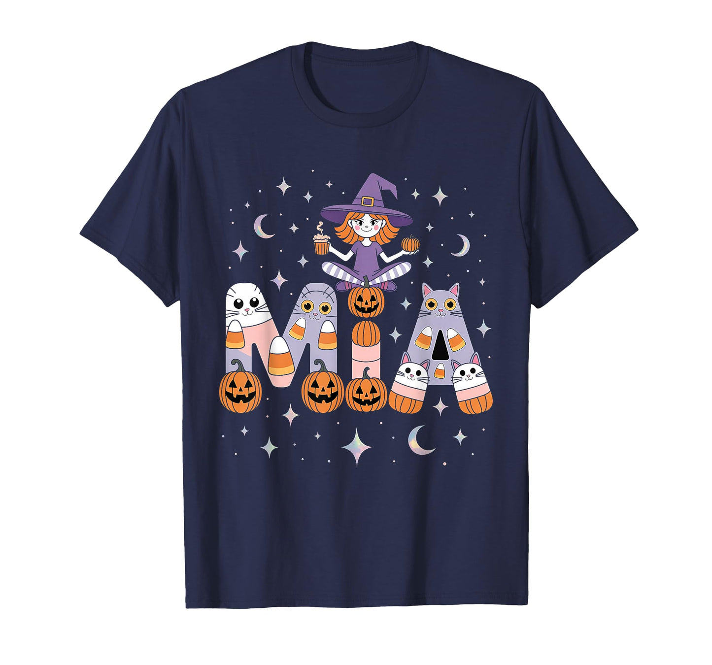 Mia Witch Candy Corn Cat Halloween Women and Girls T-Shirt