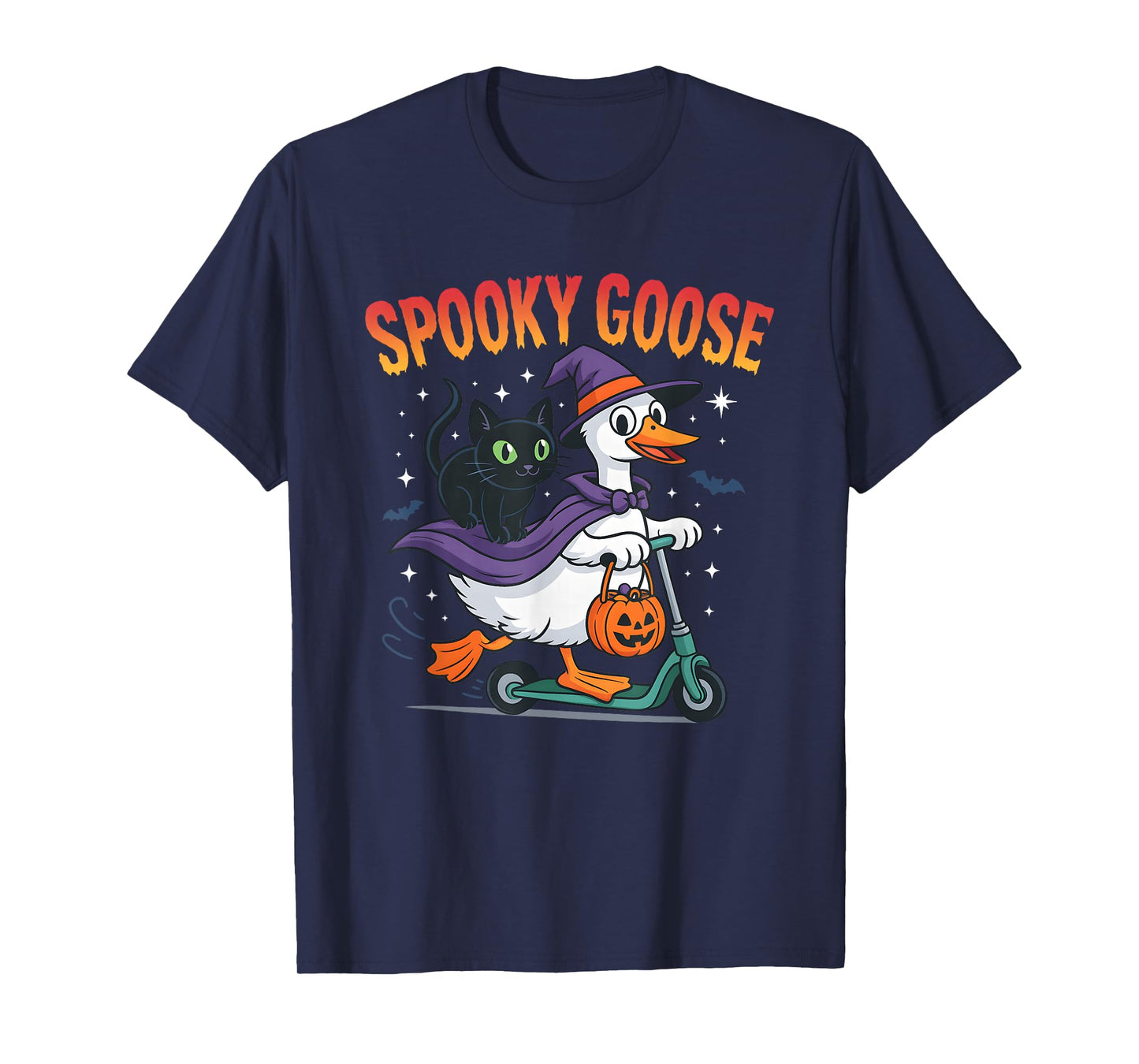 Spooky Goose Halloween Goose with Witch Hat and Black Cat T-Shirt
