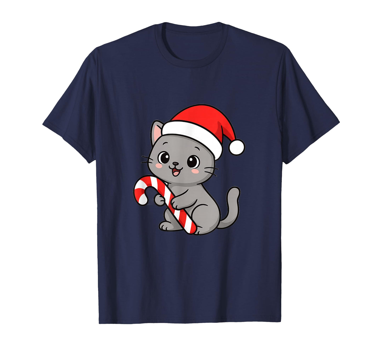 Grey Cat with Santa Hat & Candy Cane T-Shirt