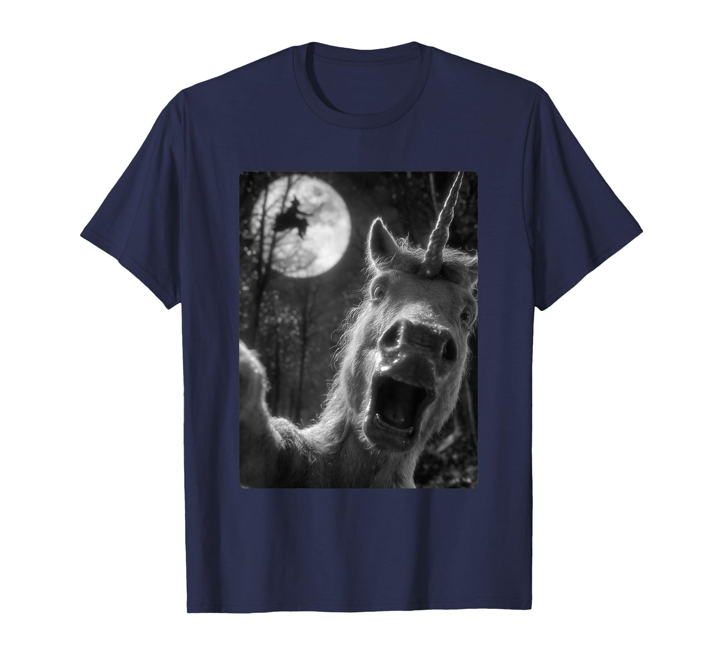 Funny Unicorn Selfie Full Moon Flying Witch Forest Halloween T-Shirt