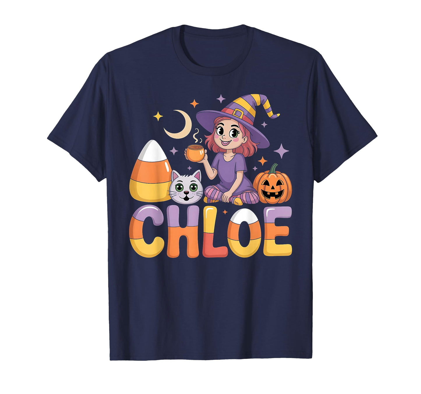 Chloe Witch Candy Corn Cat Halloween Women and Girls T-Shirt