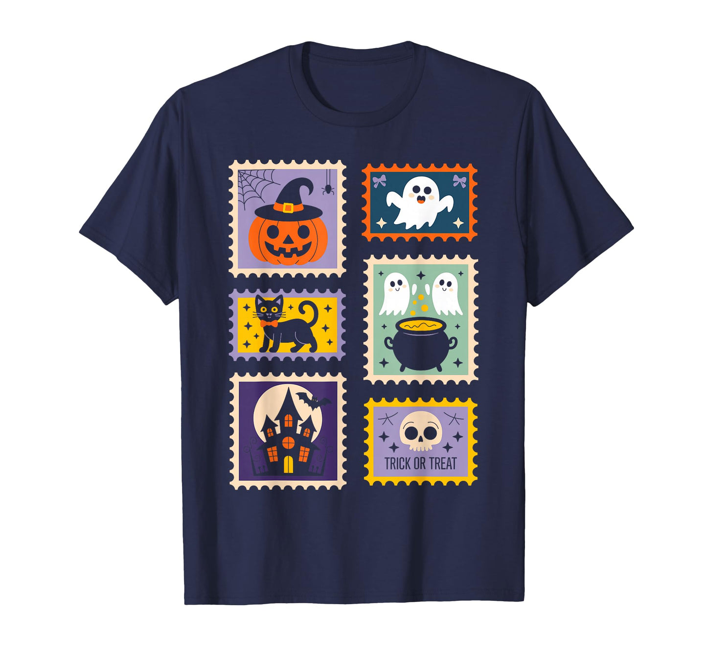 Halloween Stamps Spooky Pumpkin Ghost Cat Witch Skeleton T-Shirt