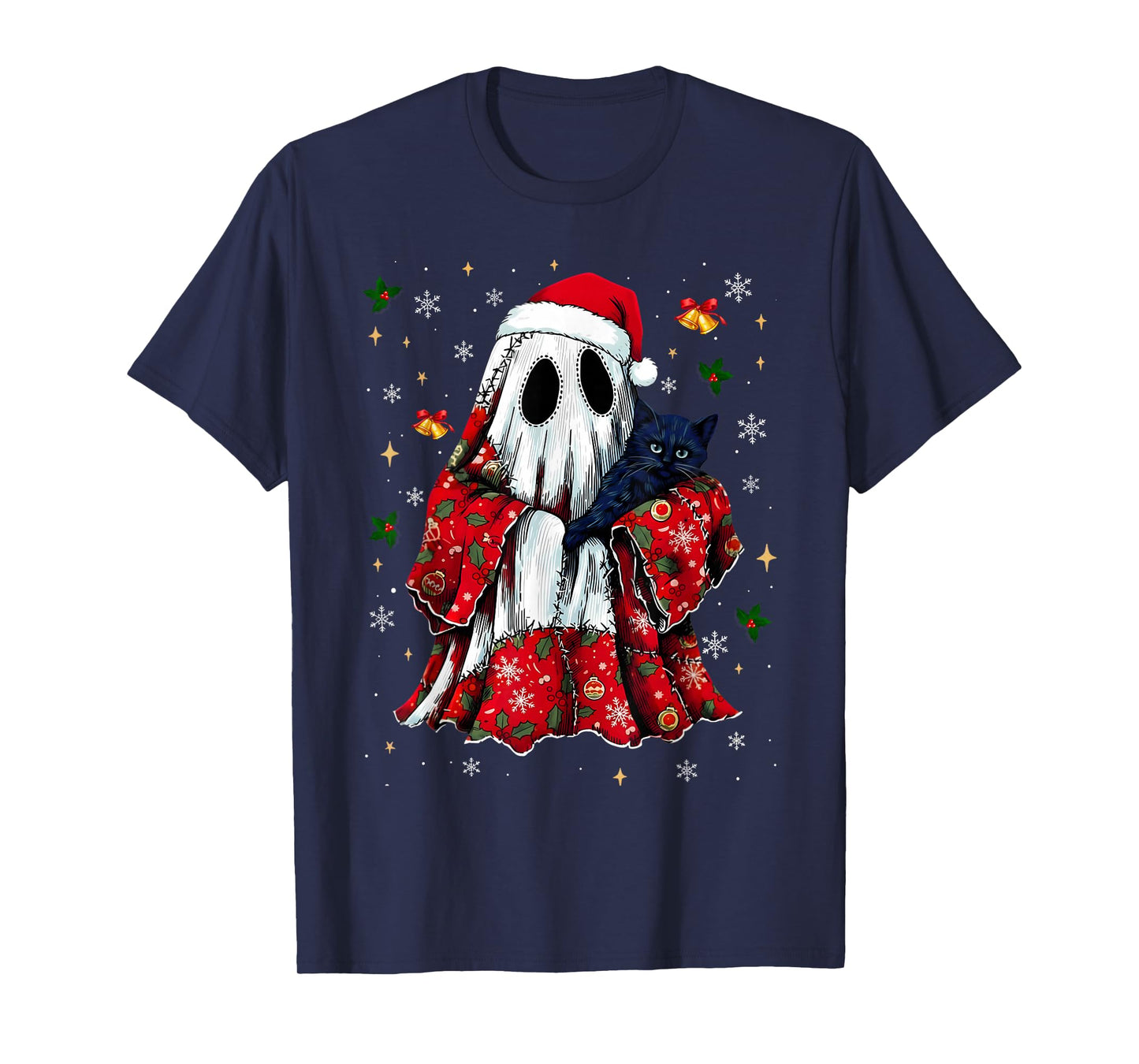 Vintage Christmas Ghost Holding Black Cat Groovy Floral T-Shirt