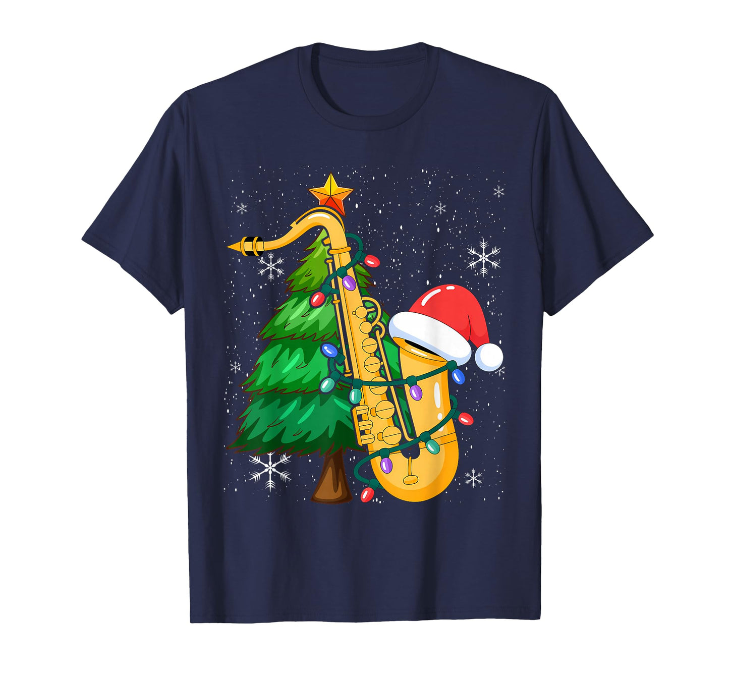 Santa Saxophone Christmas Lights Cute Instrument Xmas T-Shirt