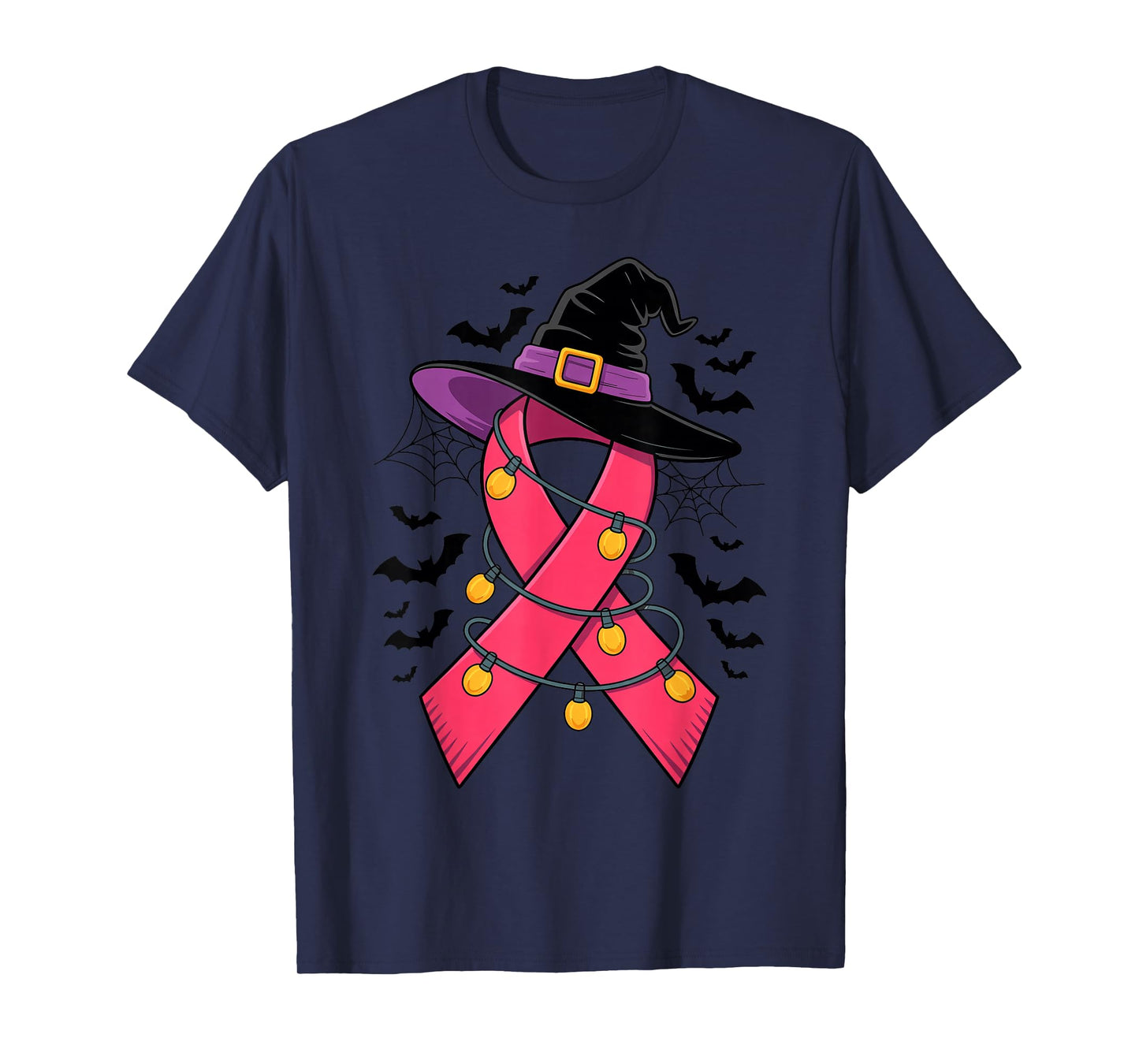 Womens Pink Ribbon Witch Hat Halloween Breast Cancer Warrior T-Shirt