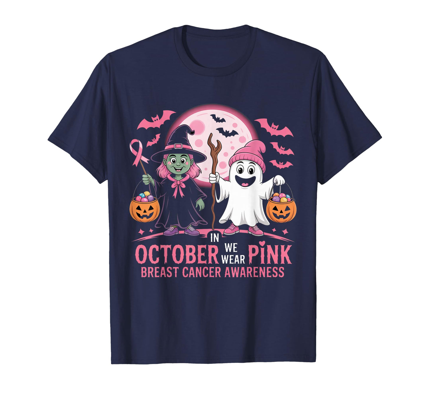 in October We Wear Pink Ghost Witch Breast Cancer Awareness T-Shirt