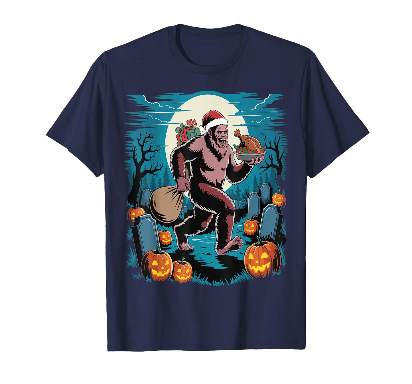 Funny Bigfoot Santa Turkey Halloween Christmas T-Shirt
