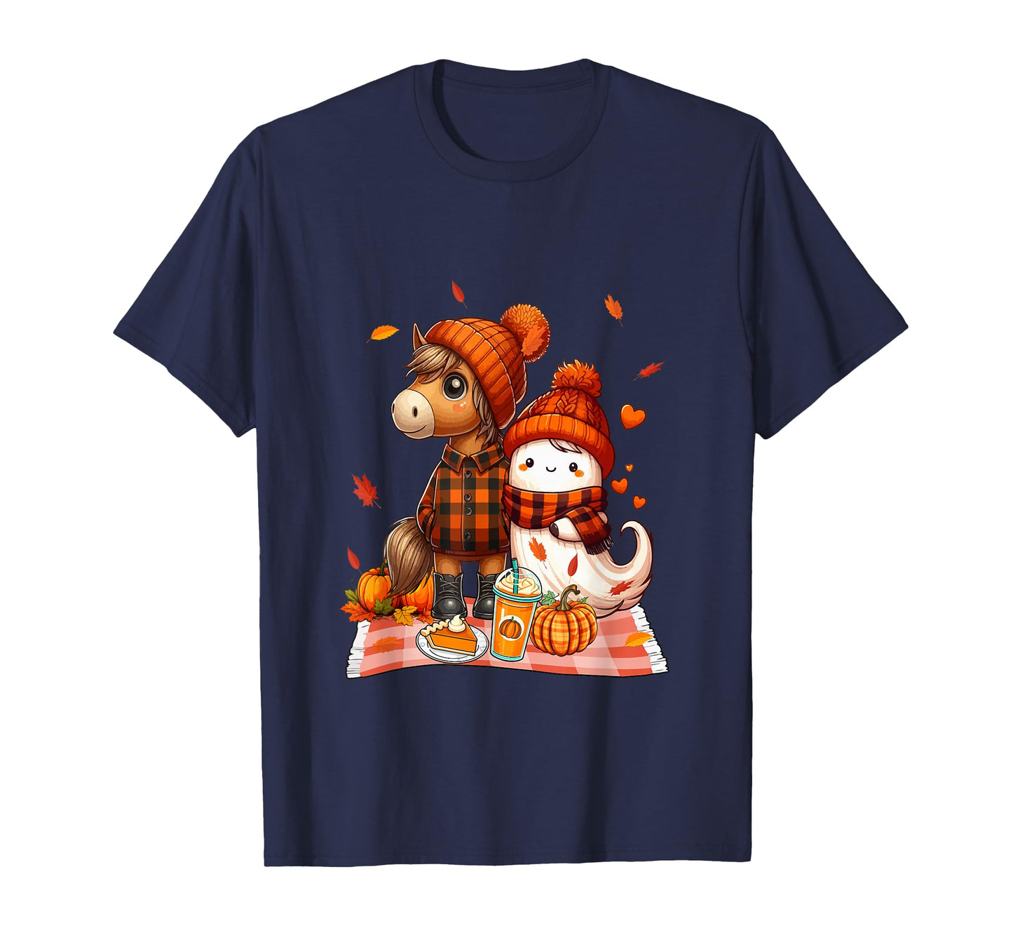 Horse with Boo Halloween Thanksgiving Fall Leaves Pumpkins T-Shirt