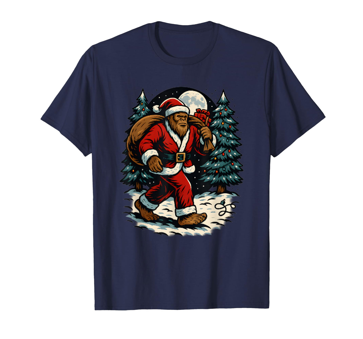 Gorilla Santa Christmas Outfit Bigfoot Holiday Walk in Snow T-Shirt