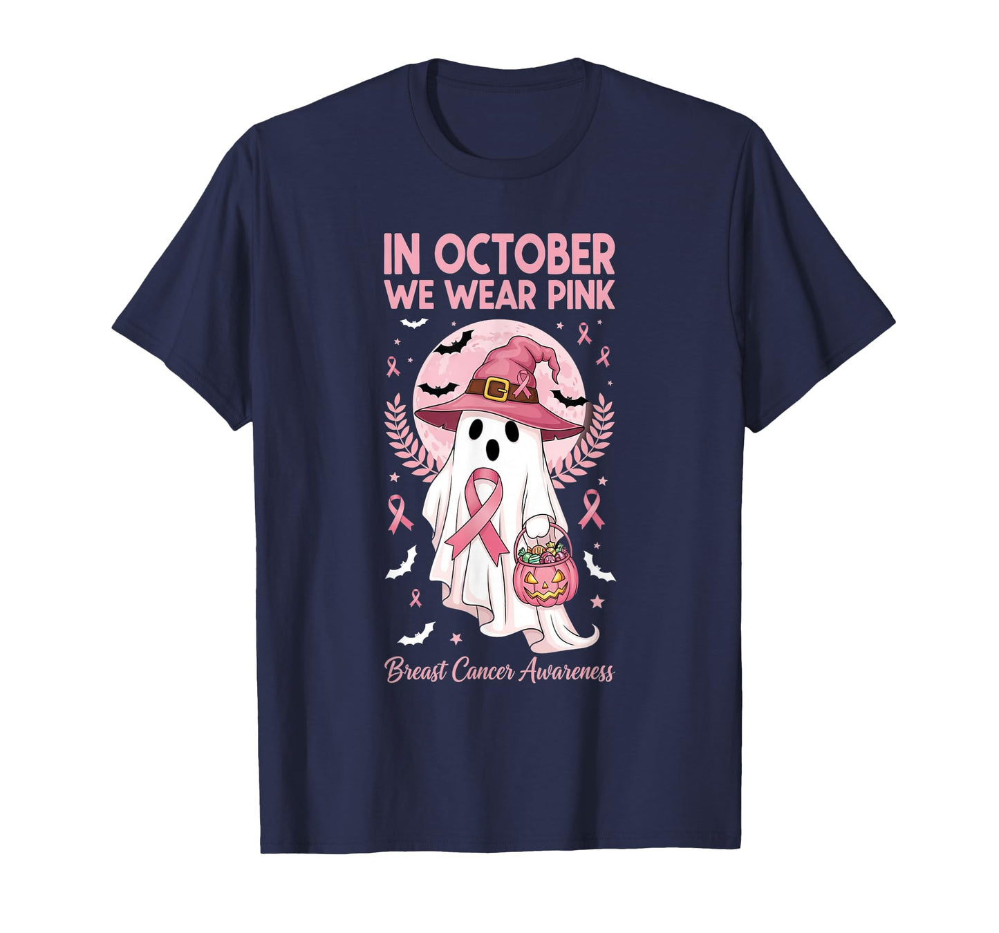 in October We Wear Pink Ghost Breast Cancer Support Womens T-Shirt
