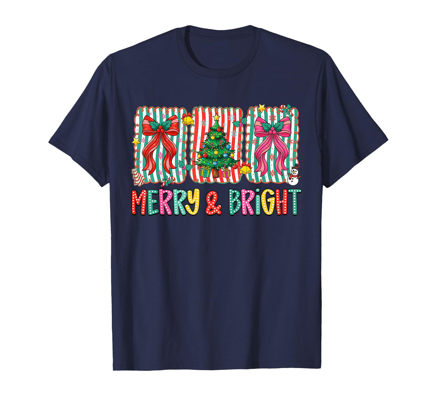 Merry and Bright Preppy Christmas Tree Coquette Bow Women T-Shirt