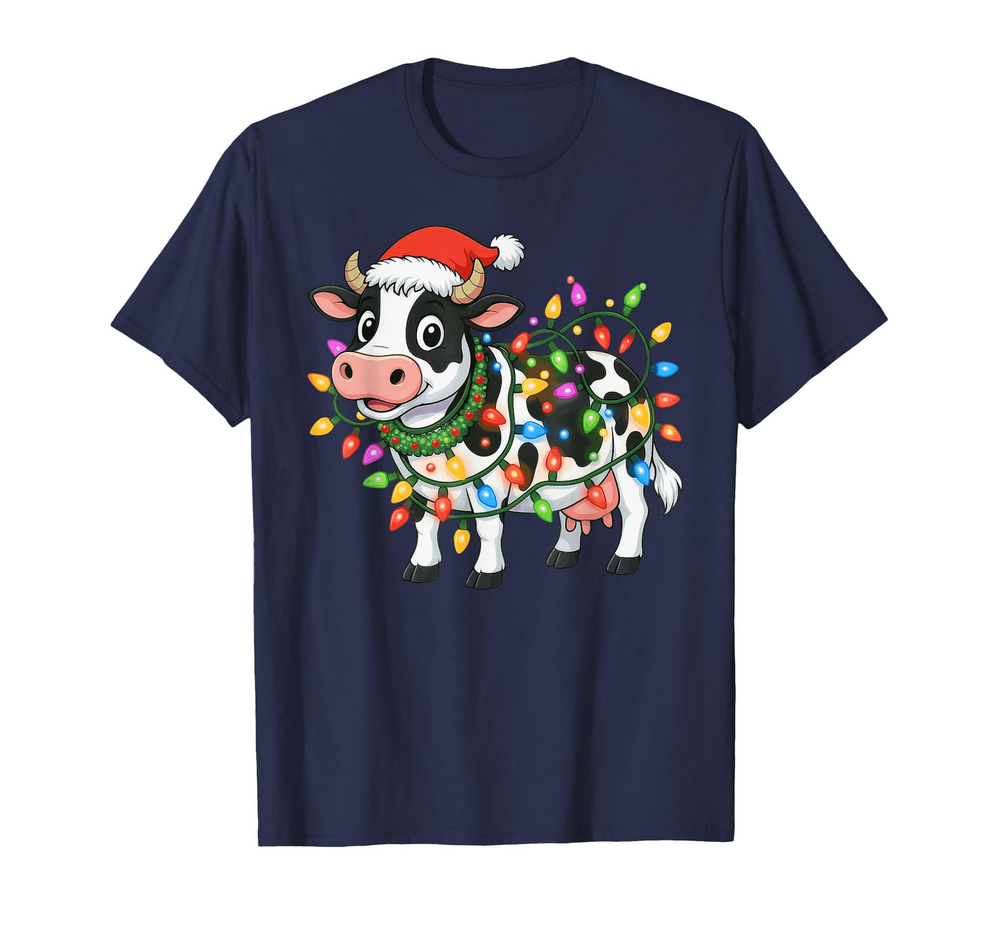 Christmas Cow Santa Hat Lights Xmas Men Women Boys Kids T-Shirt