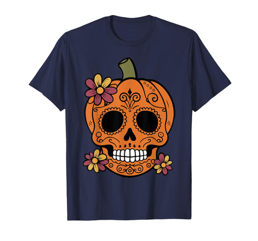 Sugar Skull Pumpkin Mexican Halloween Dia de Los Muertos T-Shirt