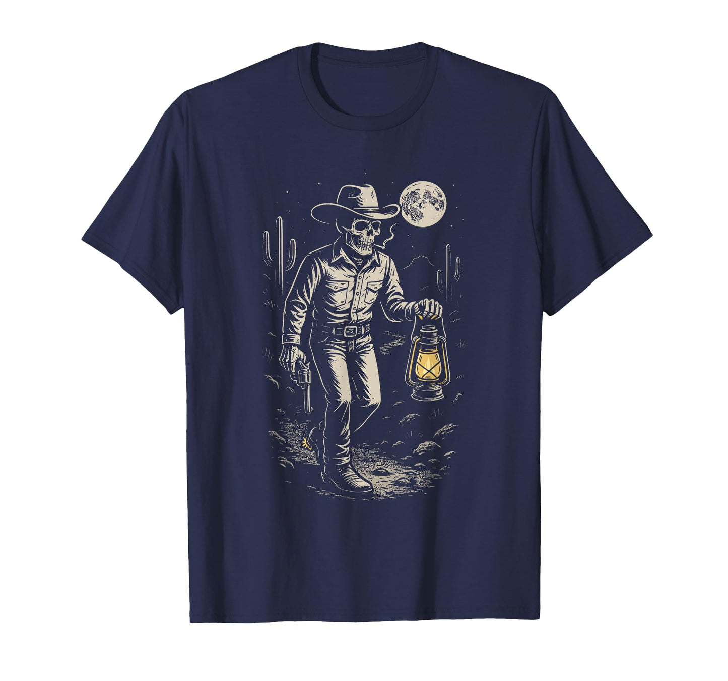 Vintage Skeleton Cowboy Smoking Moon Goth Western Gothic T-Shirt