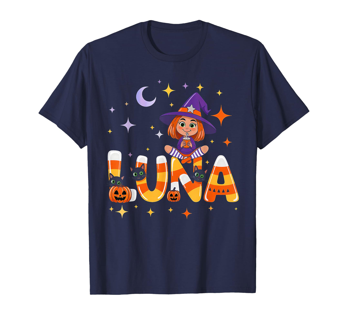 Luna Witch Candy Corn Cat Halloween Women and Girls T-Shirt