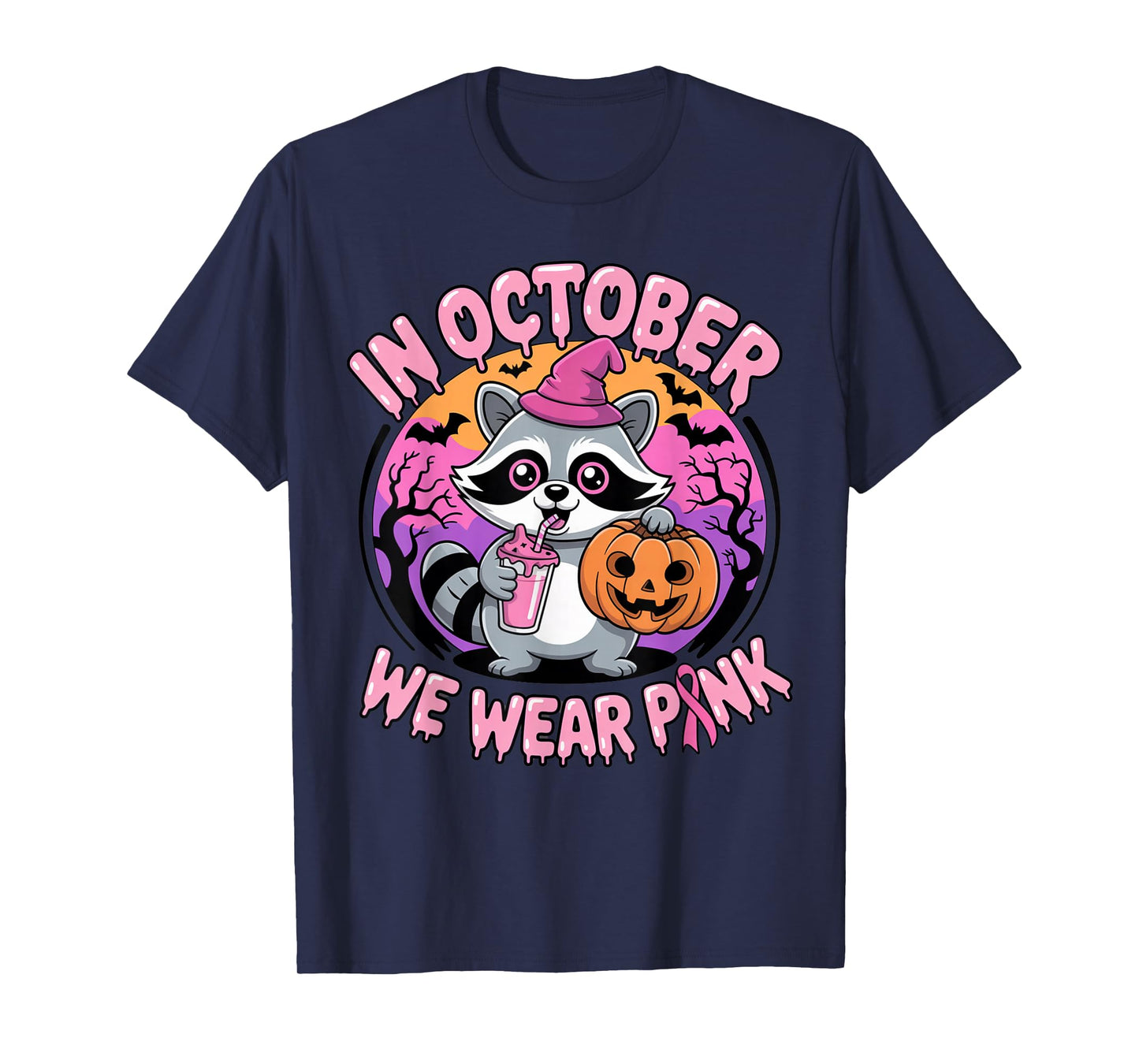 in October We Wear Pink Raccoon Spooky Witch Pumpkin Squad T-Shirt