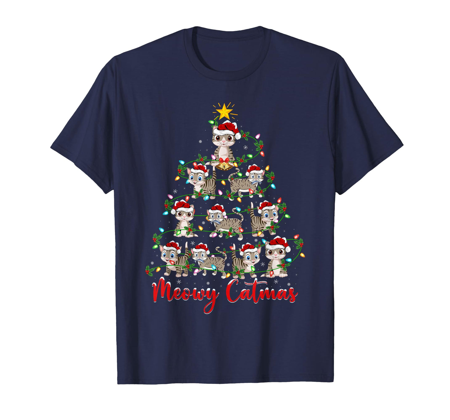 Cat Christmas Tree Lights Meowy Catmas Xmas Boys Girls Kids T-Shirt