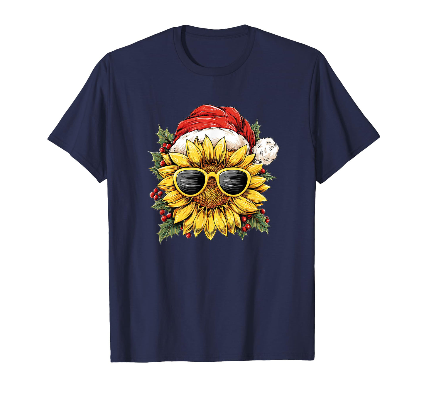 Festive Sunflower in Xmas Style for Santa Hat and Sunglasses T-Shirt