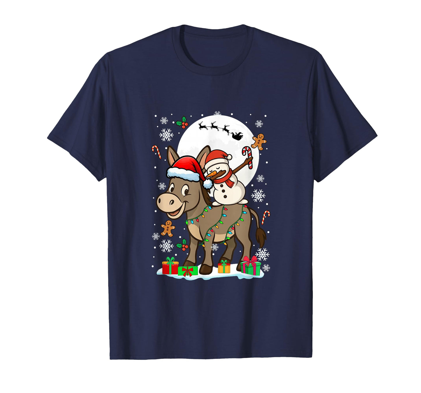 Dabbing Snowman On Donkey Christmas Santa Colorful Lights T-Shirt