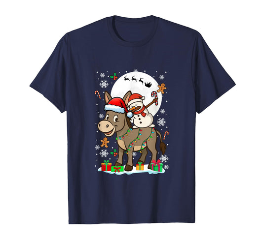 Dabbing Snowman On Donkey Christmas Santa Colorful Lights T-Shirt