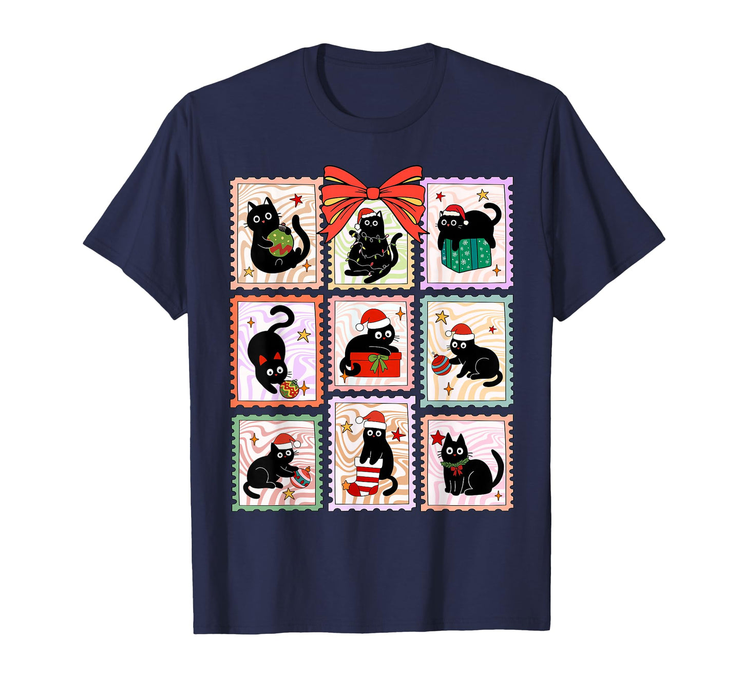 Merry Christmas Black Cat Meowy Funny Santa Hat Women Kids T-Shirt