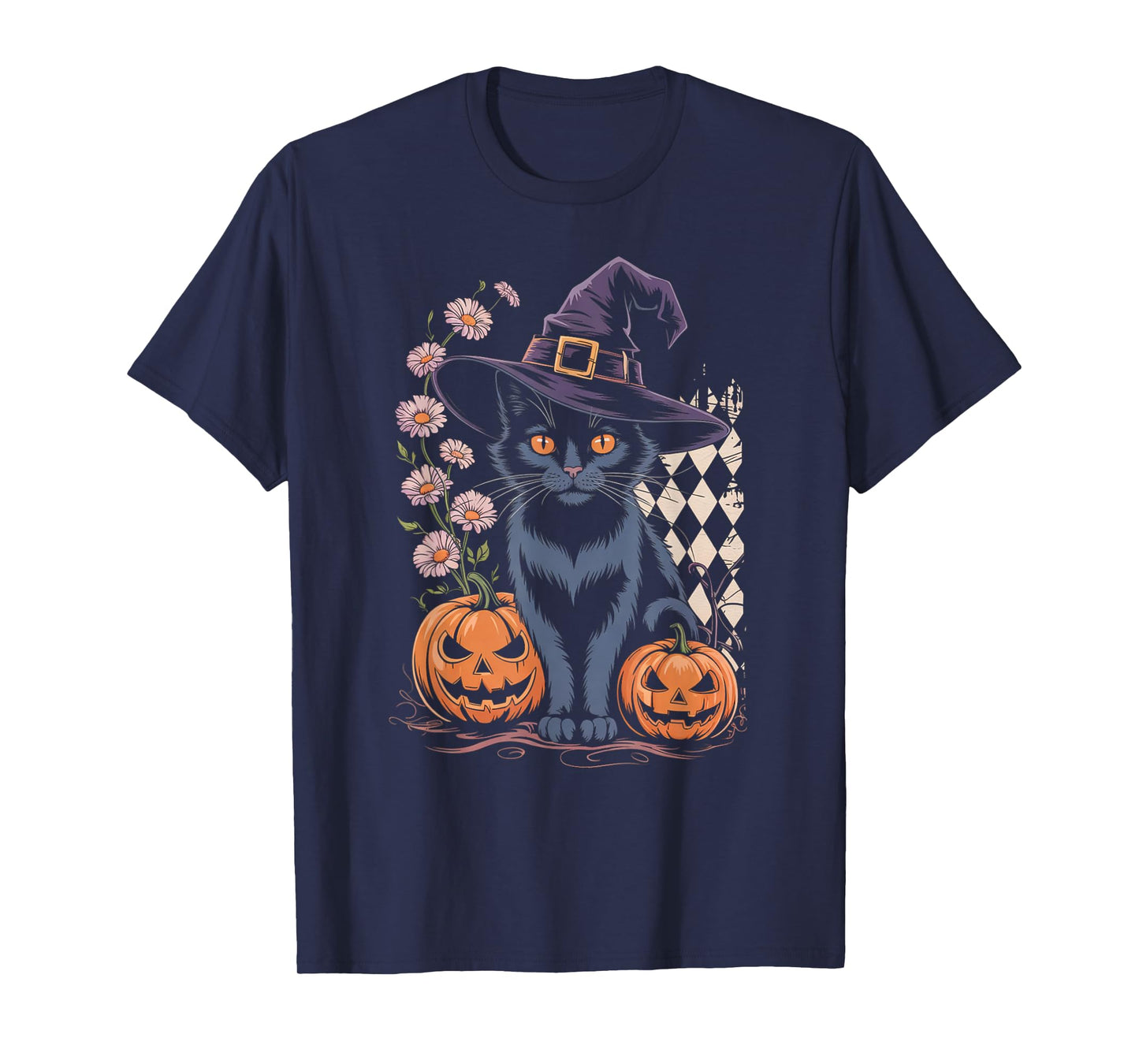 Cute Witch Cat Halloween Pumpkin Floral Aesthetic Tee T-Shirt