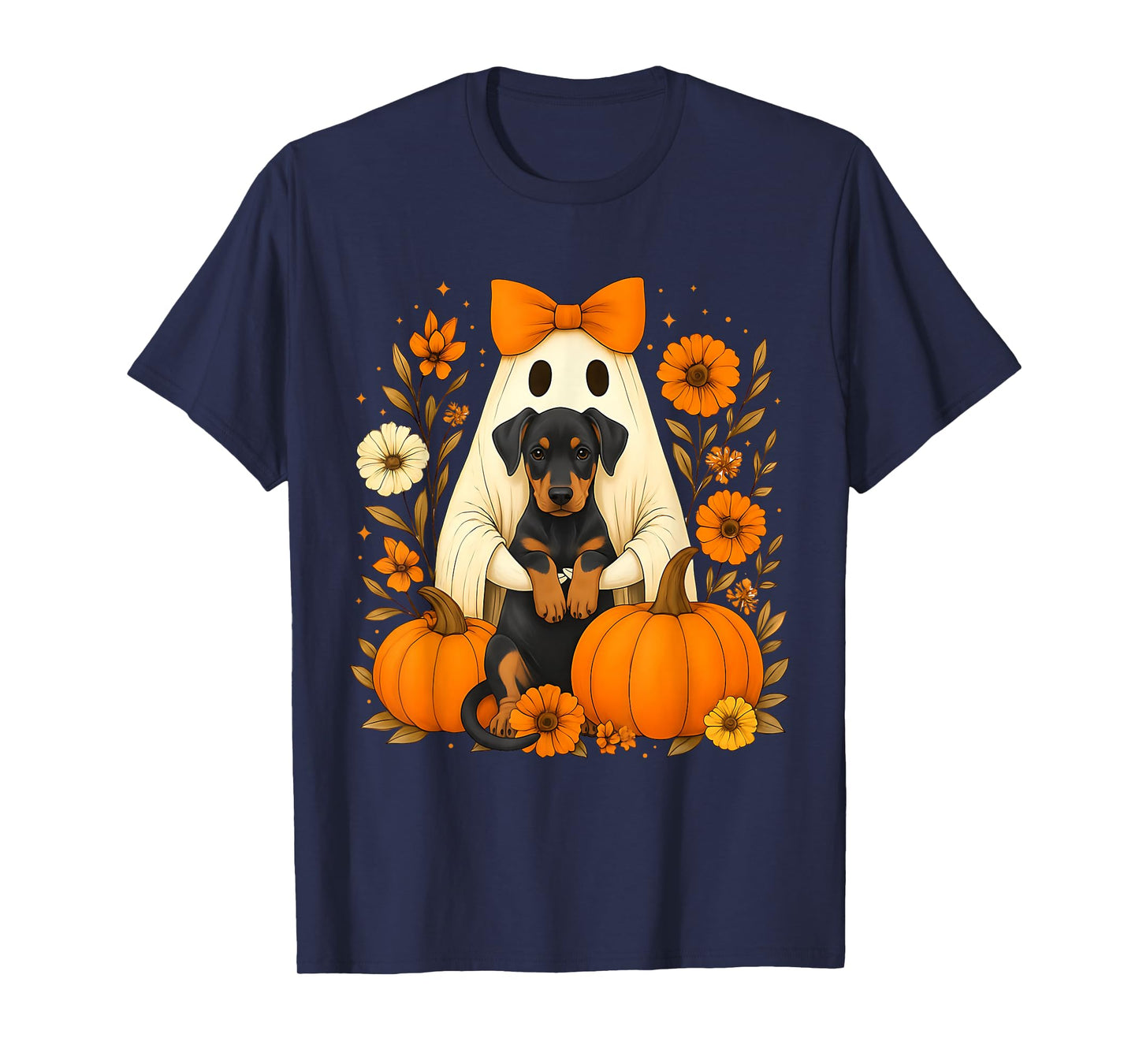 Vintage Halloween Ghost Holding Doberman Pinscher Dog T-Shirt